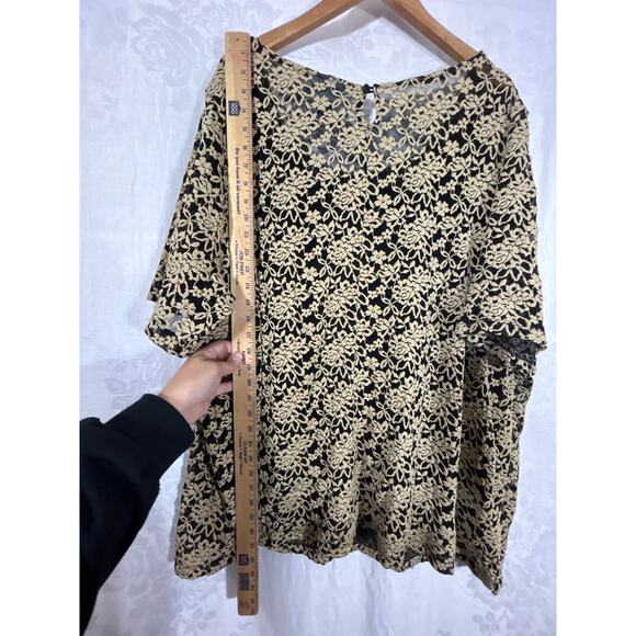 Catherines Top 4X Tan Floral Sheer Black Lined Short Sleeve - Picture 11 of 11
